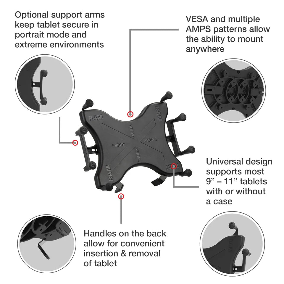 RAM® X-Grip® Mount with Double U-Bolt Base for 9"-10" Tablets (RAM-HOL-UN9-235U)